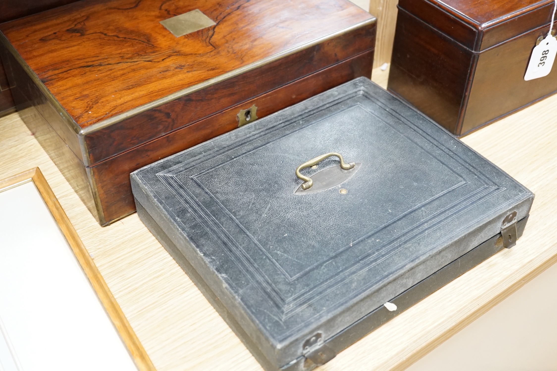 A Georgian three divisional tea caddy together with two writing slopes, largest writing slope 50cms wide x 20cm high, and a box containing cutlery